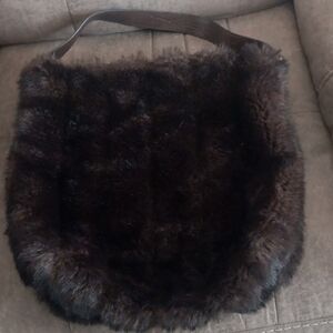 Bath & Body Works Purse Brown Soft Faux Fur Shoulder Hobo Bag Tote  16”x16”